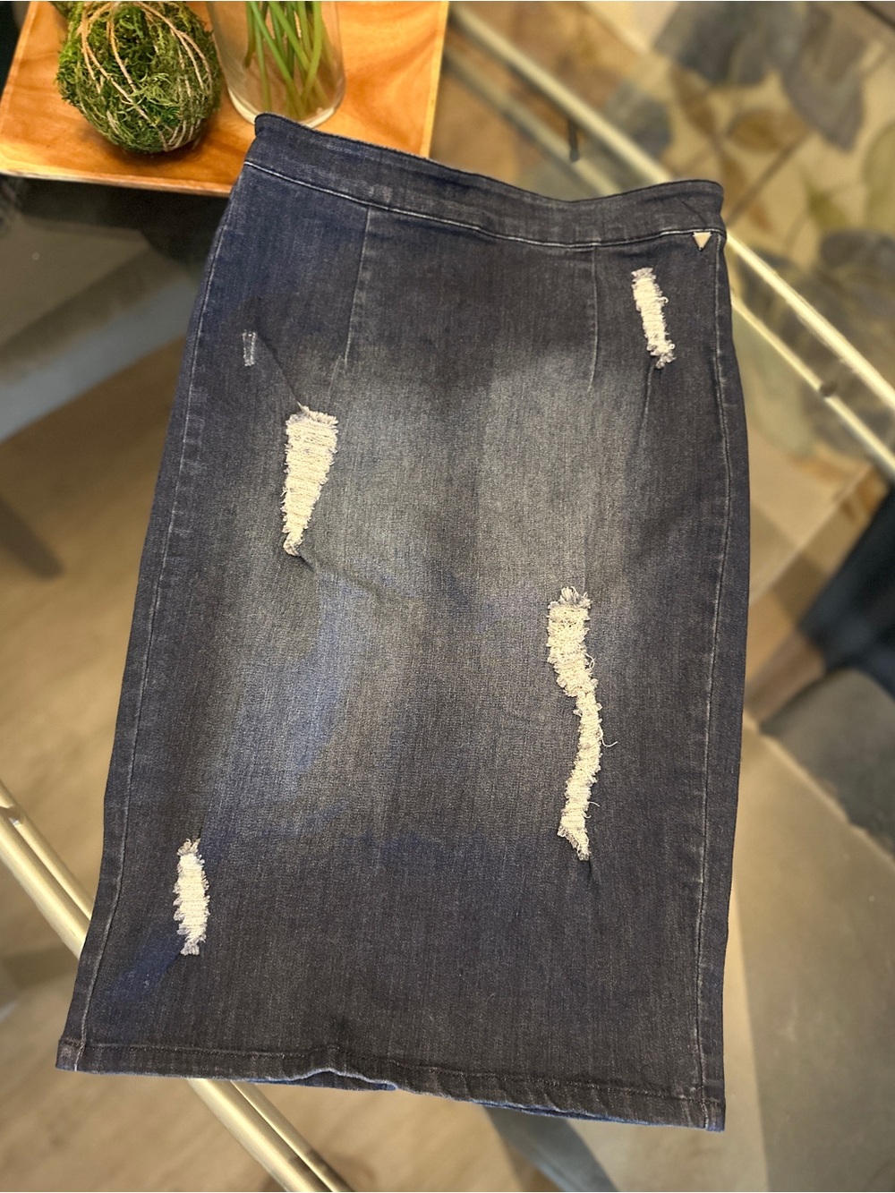 Guess Dark Indigo Distressed Denim Pencil Skirt